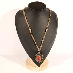 Vintage Tara Gold Tone Pendant Necklace with Red Rhinestones